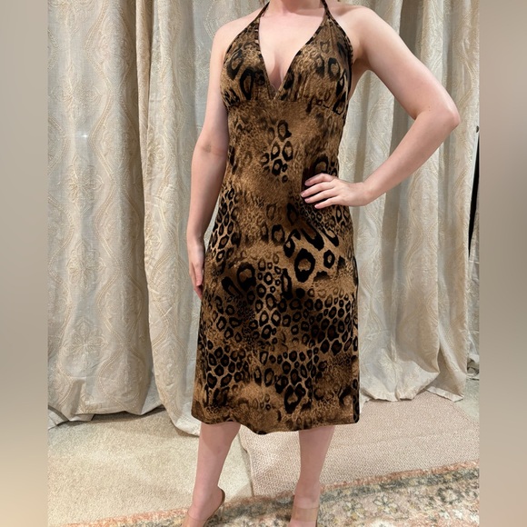 Vintage leopard print halter midi dress, backless - Picture 2 of 4